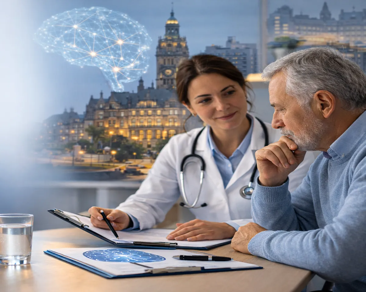 Consultant discussing early signs of Parkinson’s disease with older patient in Sheffield clinic, with Sheffield Town Hall visible in background