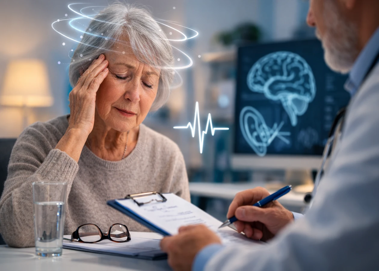 Dizziness in older adults consultation showing elderly woman with vertigo symptoms in clinical setting Sheffield
